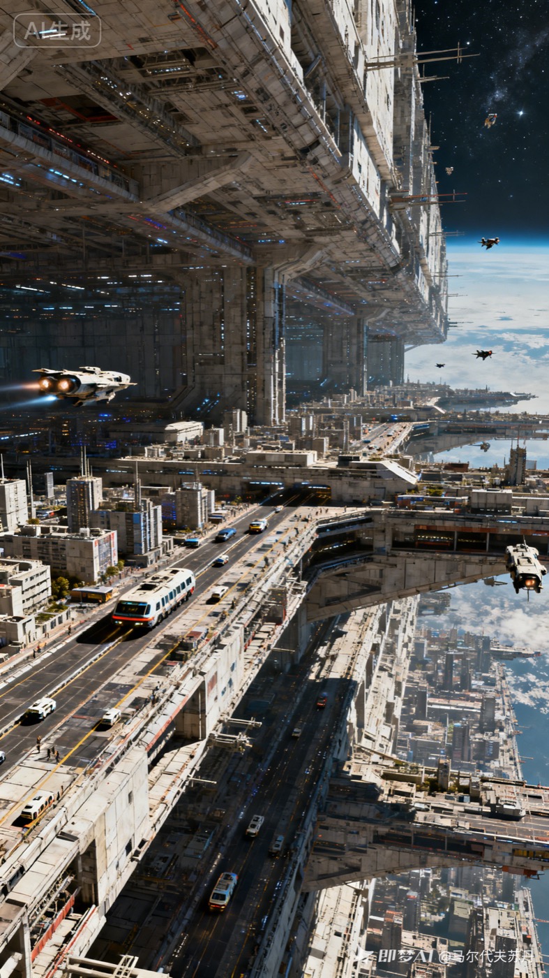 以好莱坞科幻电影风格的未来巨型星际空港建筑场景中,以虚幻5引擎 3D 渲染呈现密集结构、电影级光影和宏大空间感。 Cinematic sci-fi spaceport prompt example