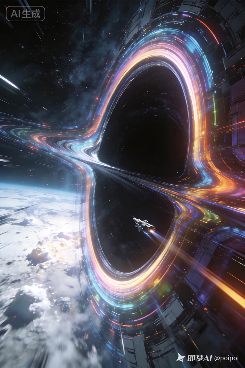 顶级科幻视觉,极繁主义,宇宙空间穿越、时间穿越、引力透镜和黑洞视觉,强烈电影感与宏观尺度。 Cosmic time warp prompt example